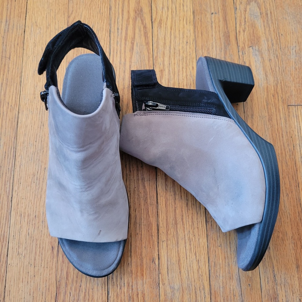 Naot 38 Sandal Gray Black Nubuck Leather Peep Toe Block Heel FAVORITE 7 7.5